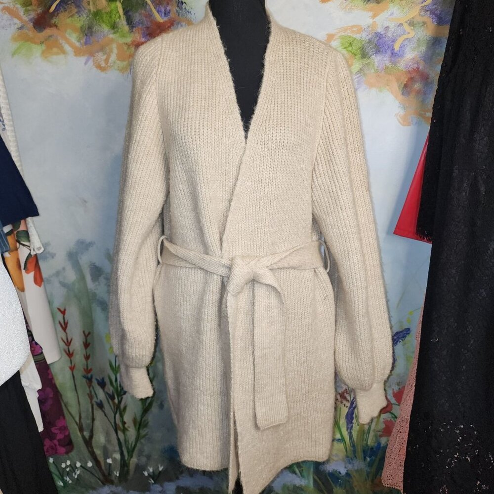 Wool Knit Beige Long Cardigan Sweater With Tie Belt